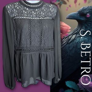 Suzanne Betro Women Black Sheer Long Sleeve Blouse M Gothic BOHO